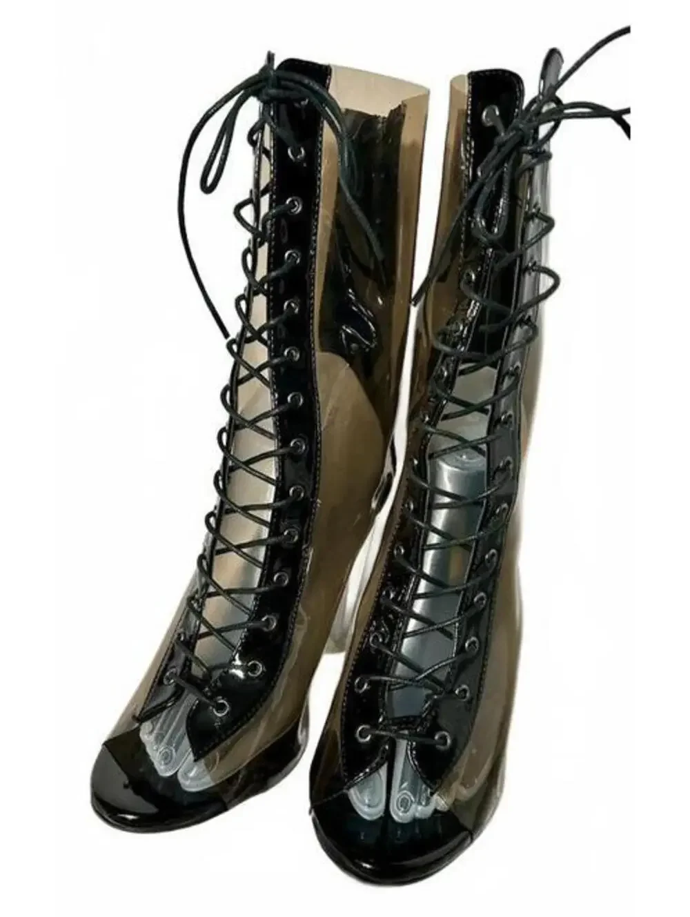 Fashion Nova Avant-garde Smoky Transparent Lace-Up Peep Toe Boot Block Heel 10